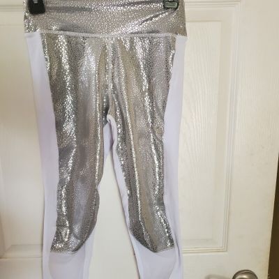 Colombian sportswear leggings  silver paillette style & white fabric Women M